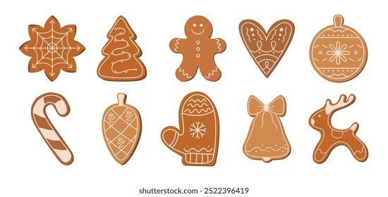 Establecer galletas de jengibre de dibujos animados. Galletas tradicionales de Navidad hechas de masa de jengibre. Pegatinas de Año Nuevo, conjunto de Vector