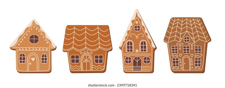 Set cartoon gingerbread houses. Traditional Christmas cookies made from sugar icing on windows and doors. New Year stickers, vector set