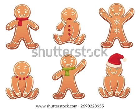 Set of cartoon gingerbread men in different poses. Smiling, waving, sitting, and wearing scarves or Santa hats. Perfect for Christmas cards, stickers, packaging and social media content.