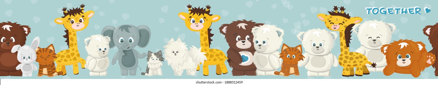 Set of cartoon giraffe, elephant, rabbit, bear, grizzly, polar bear, cats, dogs, elephant. Seamless animals border on blue background with hearts and Together text