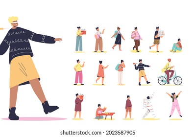 Set Of Cartoon Girl With Blindfolded Closed Eyes Walking Clothes In Different Lifestyle Situations And Poses: Hold Gift Box, Study In School, Ride Bike, Cry. Flat Vector Illustration