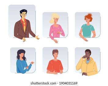 Set of cartoon girl boy flat characters avatars of different races,status,professions talking and communicate-various poses,clothes,emotions-Lifestyle,communication,fashion,social media concept