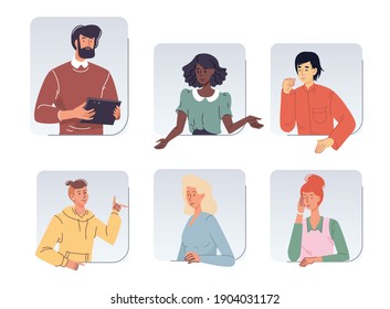 Set of cartoon girl boy flat characters avatars of different races,status,professions talking and communicate-various poses,clothes,emotions-Lifestyle,communication,fashion,social media concept