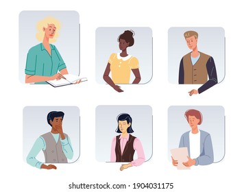 Set of cartoon girl boy flat characters avatars of different races,status,professions talking and communicate-various poses,clothes,emotions-Lifestyle,communication,fashion,social media concept