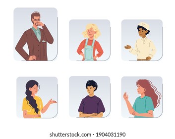 Set of cartoon girl boy flat characters avatars of different races,status,professions talking and communicate-various poses,clothes,emotions-Lifestyle,communication,fashion,social media concept