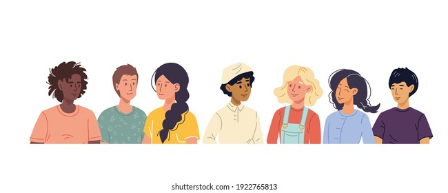 Set of cartoon girl boy flat characters of different looks, status and professions-various poses, clothes, emotions- social concept
