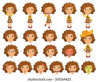 Set of cartoon girl character for your design or animation. Isolated on white background. Emotions