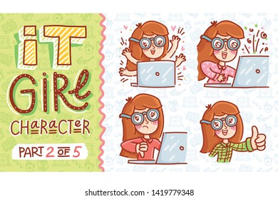 Set of cartoon girl characters working on laptop computer. Hand drawn doodle illustration for web, stickers, emoji, emoticons