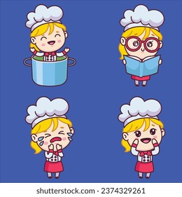 set cartoon girl chef character reading book crying rejoicing sitting pot vector design illustration