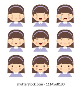 Set of cartoon girl with different emotions isolated on white background. Down Syndrome child face expression in flat vector illustration.