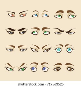 Set of cartoon girl eyes isolated on skin color background. Collection of woman eyes. Different looks. Vector illustration. Eps 10