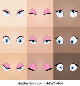 Set of cartoon girl eyes. Vector illustration.