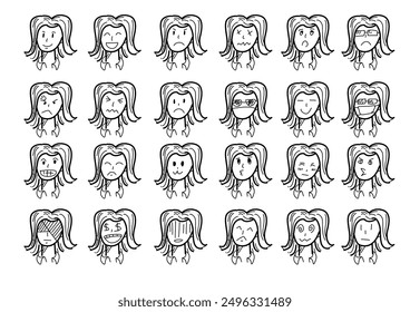 set of cartoon girl face hand drawn