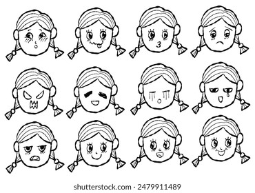 Set of Cartoon Girl Faces in Different Emotions and Moods
