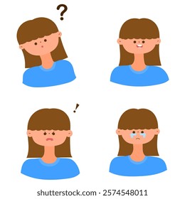 set of cartoon girl facial expressions including confused happy angry and crying vector illustration