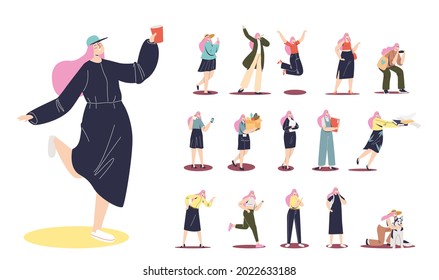 Set of cartoon girl hipster with pink hair holding paper cup of drink in drink lifestyle situations: play with dog, party, make photo on smartphone, work with documents. Flat vector illustration