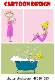 Set of cartoon girl illustration who takes bath, makes pedicure, paints eyelashes. Vector