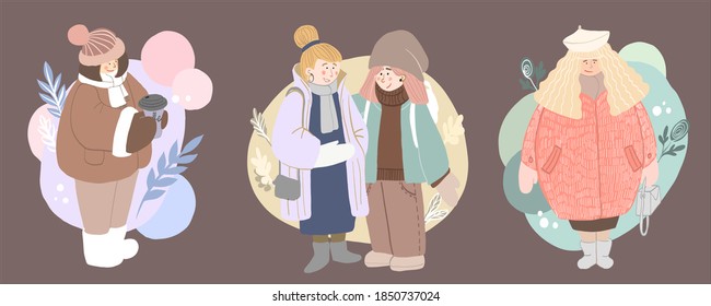 Set of cartoon girls in clothes. Set of fashion woman in trendy clothes vector cartoon illustration. Collection of classy colorful street style outwear female isolated. Fashionable girl winter 