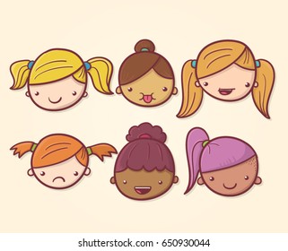 Set of cartoon girls with different expressions