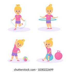 Set of cartoon girls doing exercises.Vector illustration. Isolated on white background