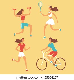 Set of cartoon girls doing sport exercises. Including cycling, fitness with weights, tennis, running. Healthy lifestyle illustration for your design.