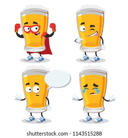 set of cartoon glass of beer character mascot on white background