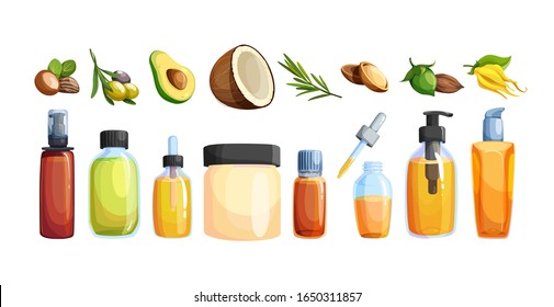 Set of cartoon glass bottles with cosmetic and essential oil. Cosmetics ingredients vector icon: plants, nuts, vegetables and fruits. Different design of bottles, vials. Oil a skin and hair care.