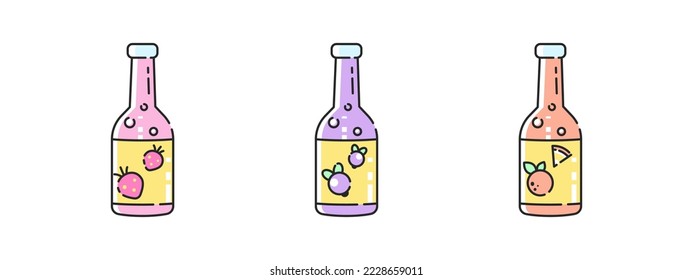 Set of cartoon glass bottles. Juice or soda beverage drink. Vector isolated illustrations of colorful soda bottles.