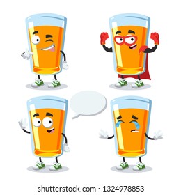 set of cartoon glass of orange juice character mascot on white background
