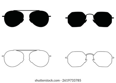 Set of Cartoon Glasses Black Silhouette and Outline Style Transparent Glass Vector Art


