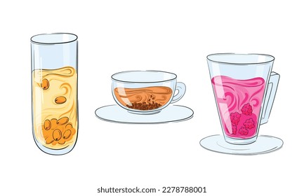 Set of cartoon glasses of natural tea. Transparent glasses isolated on white. Sketch, doodle. Sea buckthorn, buckwheat and raspberry tea.