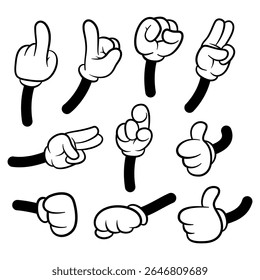 Set of Cartoon Glove Hands with Expressive Gestures and Symbols in Retro Style. vector illustration
