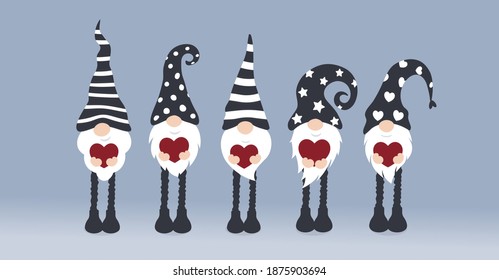 Set of cartoon gnomes. Collection of cute christmas gnomes holding hearts. Funny characters in love for children and couples. Vector illustration for Saint Valentines Day and Christmas decoration