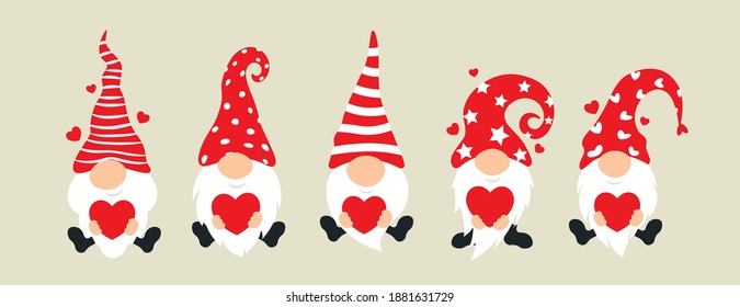 Set of cartoon gnomes. Collection of cute christmas gnomes holding hearts. Funny characters in love for children and couples. Vector illustration