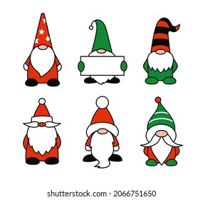 Set von Cartoon-Zwergen oder Zwergillustrationen. Vektor isolierte magische Weihnachtsfiguren. Der Weihnachtsmann hilft. Nome halten Banner in Händen. Rot grüne schwarz-weiße Farben.