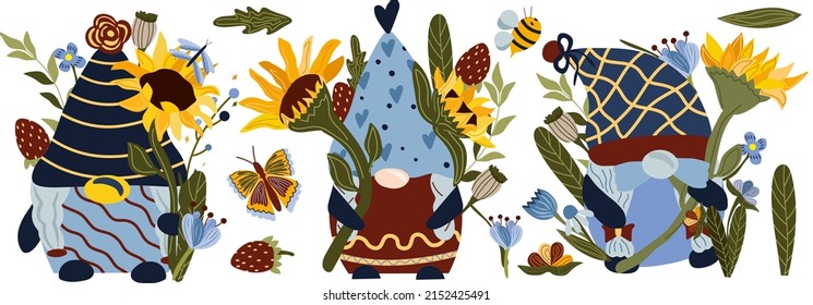 Juego de gnomos de dibujos animados sosteniendo un girasol. Flores silvestres, abejas, mariposa y hojas sobre fondo blanco. Ilustración vectorial.