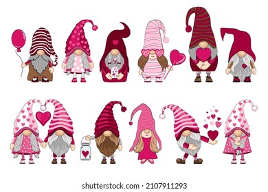 Set of cartoon gnomes for Valentine's day. Vector illustration