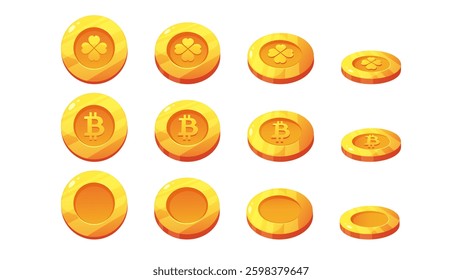 Set of cartoon gold coins. Coin with four-leaf clover, coin with bitcoin icon. Vector illustrations on white background