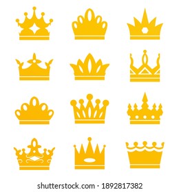 Set of cartoon golden crowns isolated on white background. Luxurious sketch of the crown, the coronation of the queen or king and the majestic tiara of the princess. Vector illustration
