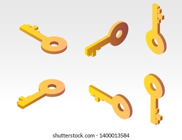 Set of cartoon golden keys in different view isolated on white background. Isometric vector illustration.