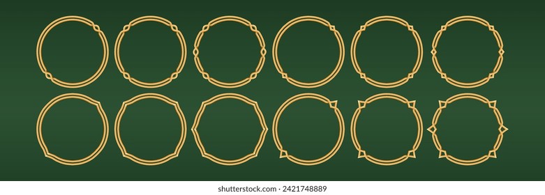 Set of cartoon golden round empty frames in the style of the medieval, Art Deco. An element for the ui design of app, games, and websites. Vector illustration