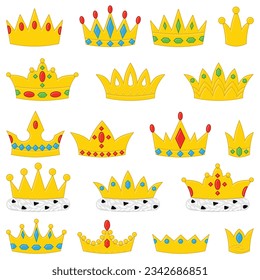 Set of cartoon golden royal crowns vector image isolated on white background 
