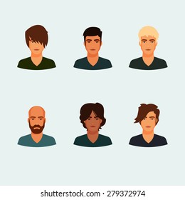 Set of cartoon good looking men with various hair style 