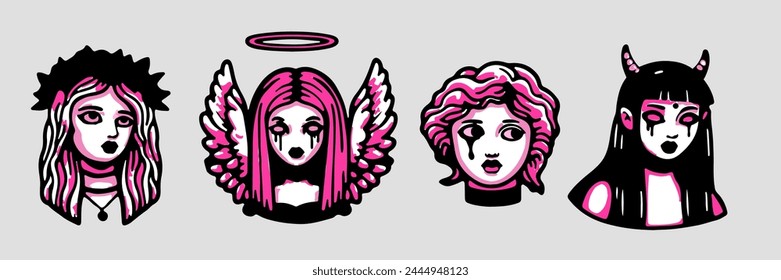 Set of cartoon gothic girls stickers or patches. Vector illustration in tattoo simple style.