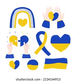 Set of cartoon graphic yellow and blue colors. Solidarity with Ukraine. Vector hand drawn illustration.