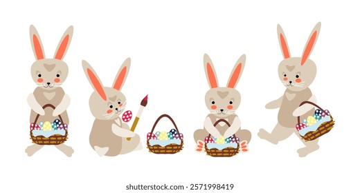 Set of cartoon gray Easter bunnies with baskets of colorful eggs. Vector illustration for design of cards, banners, invitations, packaging, prints for clothes, stickers