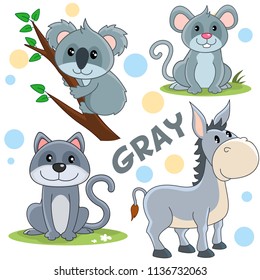 Set of cartoon gray illustrations with wild animals and pets for children and design, image of a bear, koala, cat, mouse, donkey.