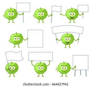 Set of cartoon green apple characters posing with different blank banners. Cheerful apple holding paper, poster, placard, pointing to whiteboard. Teach, advertise, promote. Simple vector illustration