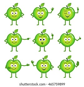 Set of cartoon green apple characters showing different hand gestures. Cheerful apple pointing, greeting, showing thumb up and other hand gestures. Simple vector illustration
