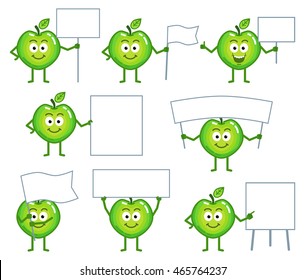 Set of cartoon green apple characters posing with different blank banners. Cheerful apple holding placard, paper, poster, pointing to whiteboard. Teach, advertise, promote. Simple vector illustration